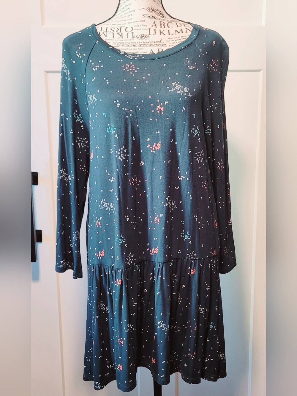 Boden Womens Spotted Shift Dress Sz M 3/4 Sleeve Teal Whimsical Indie Boho chic